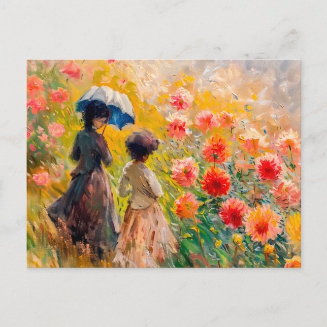 Postal Festiva Dos mujeres en dahlia floreadas (Anverso)