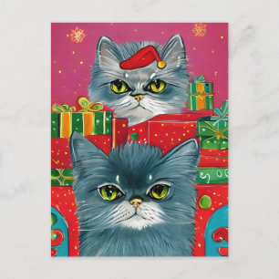 Postal Festiva Dos Navidades de gatos y regalos retro
