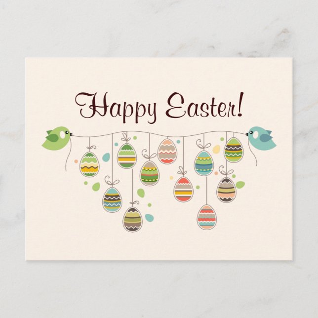 Postal Festiva Dos pájaros sostienen la droga con huevos de Pascu (Anverso)