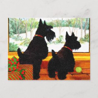 Postal Festiva Dos perros escoceses esperando a Papá Noel