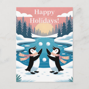 Postal Festiva Dos pingüinos haciendo malabares con bolas de niev