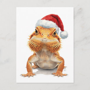 Postal Festiva Dragón Barbudo con Gorro de Santa Acuarela