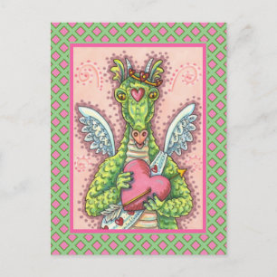 POSTAL FESTIVA DRAGÓN CUPIDO, FANTASÍA CARDÍACA Y FLOR VALENTINA