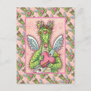 POSTAL FESTIVA DRAGÓN CUPIDO, FANTASÍA CARDÍACA Y FLOR VALENTINA