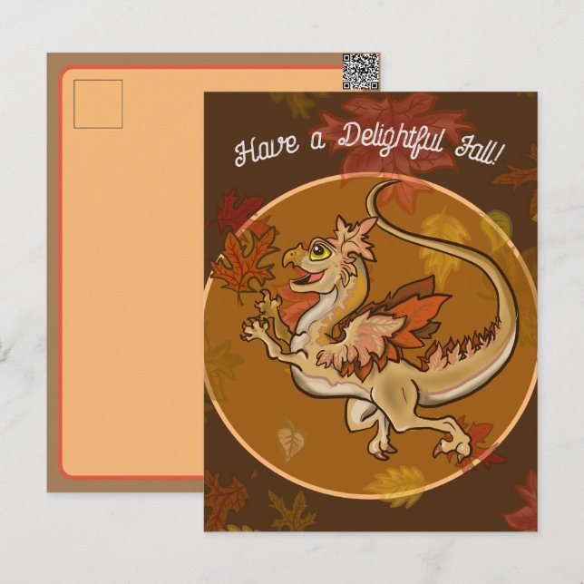 Postal Festiva Dragón de diversión en las hojas (Anverso / Reverso)