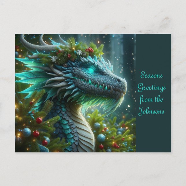 Postal Festiva Dragón de Navidades turquesa mágico (Anverso)