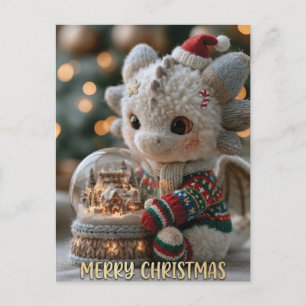 Postal Festiva Dragón de peluche navideño lindo con globo de niev