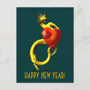 Postal Festiva Dragón dorado con gran corazón rojo