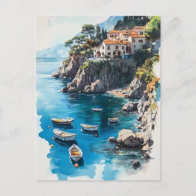Postal Festiva Dreamy Amalfi Coast: Diseño de la pintura acuarela (Anverso)