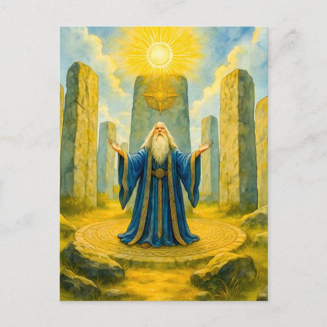 Postal Festiva Druida celta en círculo de piedra sagrada (Anverso)