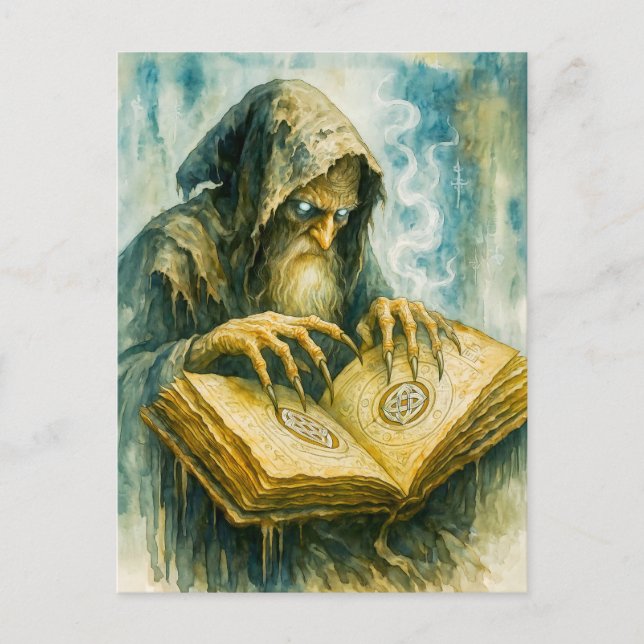 Postal Festiva Druida celta oscuro con libro de hechizos y garras (Anverso)