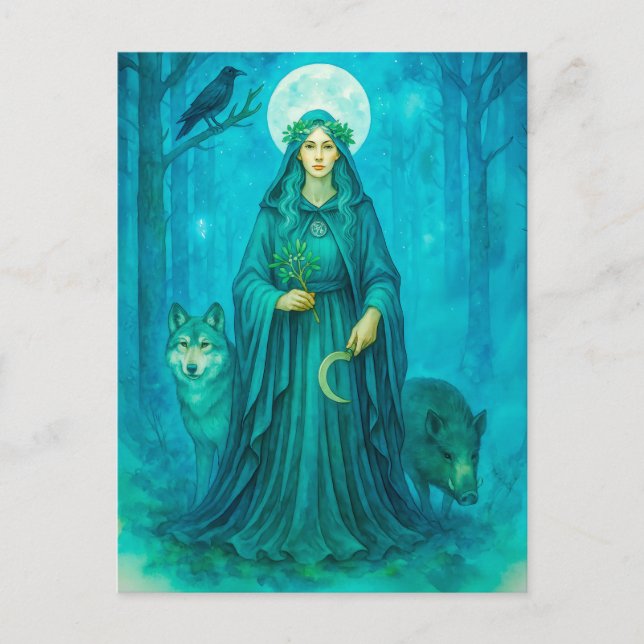 Postal Festiva druidesa celta con lobo jabalí y cuervo (Anverso)
