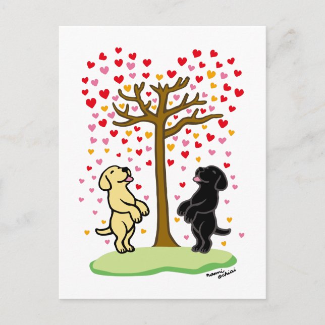 Postal Festiva Ducha de corazones labradores amarillos y negros (Anverso)