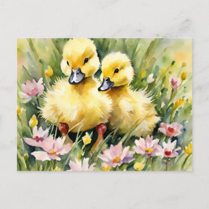 Postal Festiva Ducklings de acuarela en Wildflower Meadow