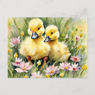 Postal Festiva Ducklings de acuarela en Wildflower Meadow