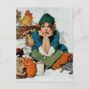Postal Festiva Duende Caprichoso Entre Bolsas de Regalos