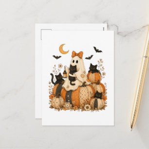 Postal Festiva Dulce Fantasma Espeluznante de Halloween con Gatos