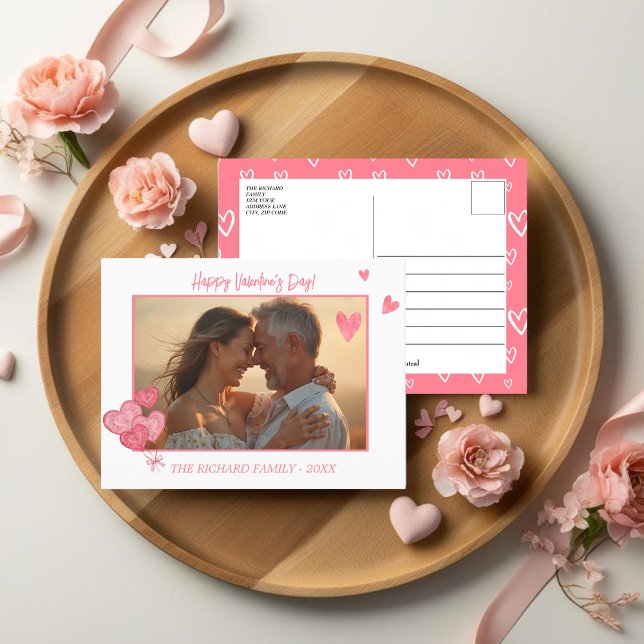 Postal Festiva Dulce foto y mensaje del corazón rosado (Sweet Pink Heart Photo and Message Holiday Postcard)