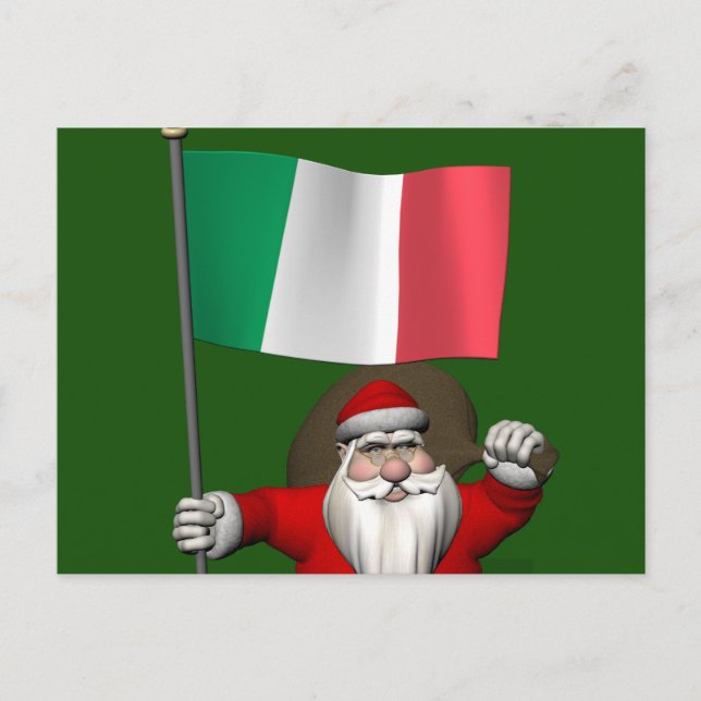 Postal Festiva Dulce Santa Claus Con Bandera De Italia (Anverso)