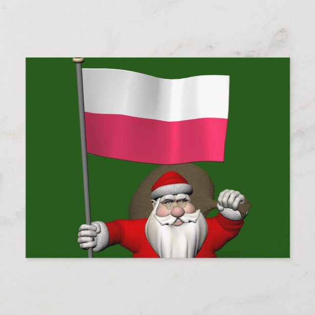 Postal Festiva Dulce Santa Claus Con Bandera De Polonia (Anverso)