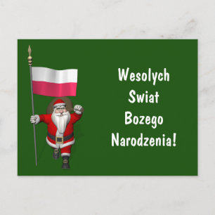Postal Festiva Dulce Santa Claus Con Bandera De Polonia