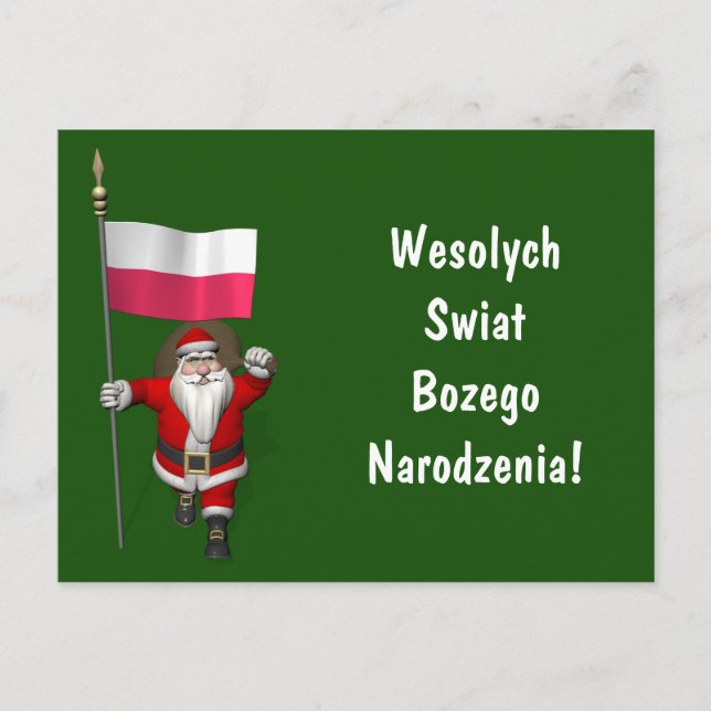 Postal Festiva Dulce Santa Claus Con Bandera De Polonia (Anverso)