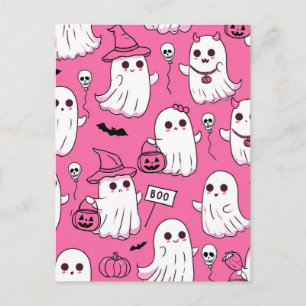 Postal Festiva Dulces Fantasmas Rosados de Halloween Kawaii Fiest