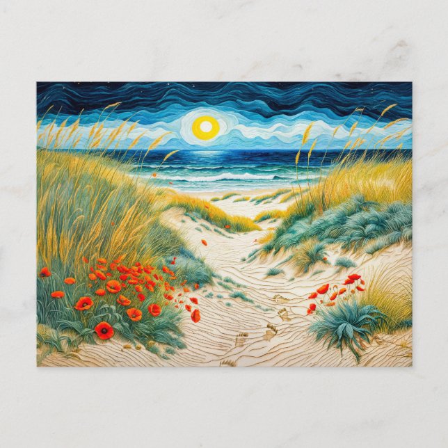 Postal Festiva Dunas de arena costera con cachorros y huellas (Anverso)