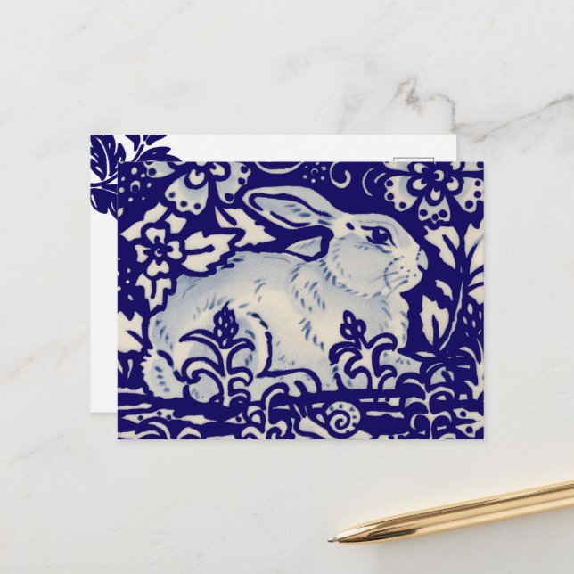 Postal Festiva Easter Rabbit Artistic Bunny Blue White Floral (Anverso/Reverso In Situ)