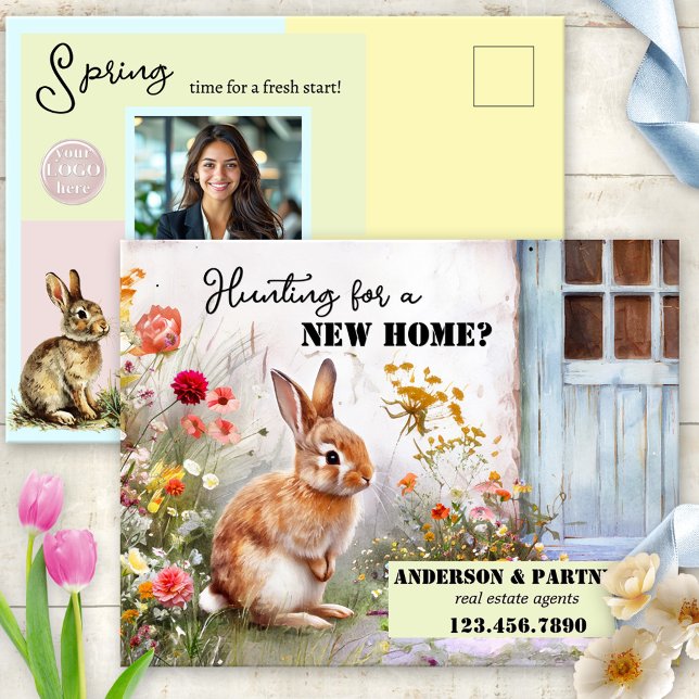 Postal Festiva Easter Real Estate Business (Artistic real estate Easter postcard featuring a watercolor bunny at the door of a new home)