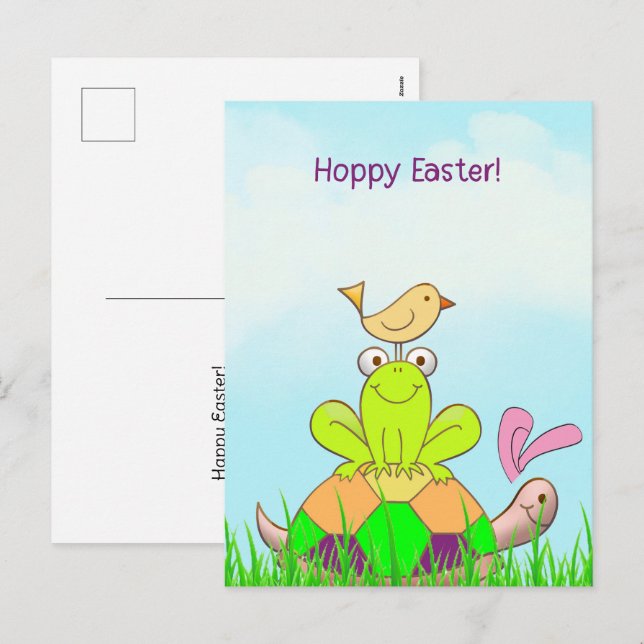 Postal Festiva Easter Turtle and Frog and Bird in Grass Postcard (Anverso / Reverso)
