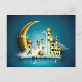 Postal Festiva Eid Mubarak Moon Mosque caligrafía árabe azul