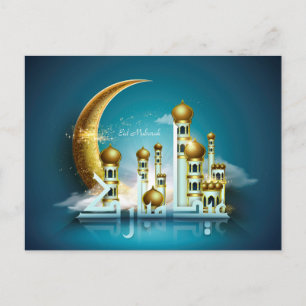 Postal Festiva Eid Mubarak Moon Mosque caligrafía árabe azul