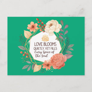 Postal Festiva El amor florece silenciosamente – Acuarela de cita