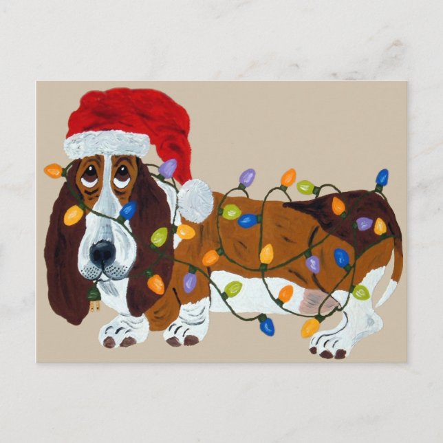 Postal Festiva El Basset Envuelto En Las Luces De Los Navidades (Anverso)
