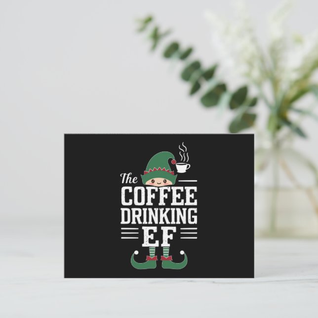 Postal Festiva El café que bebe Navidades de la familia Elf (Anverso de pie)