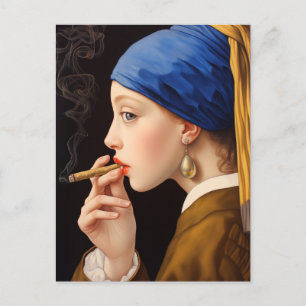 Postal Festiva El Chica de Vermeer con la perla que humeaba