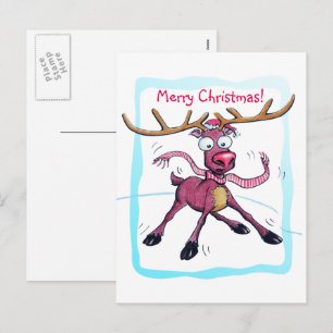 Postal Festiva El ciervo lindo en el hielo Funny Navidades vacaci