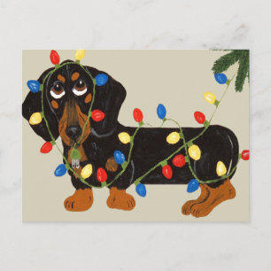 Postal Festiva El Dachshund enredó en el negro de las luces de