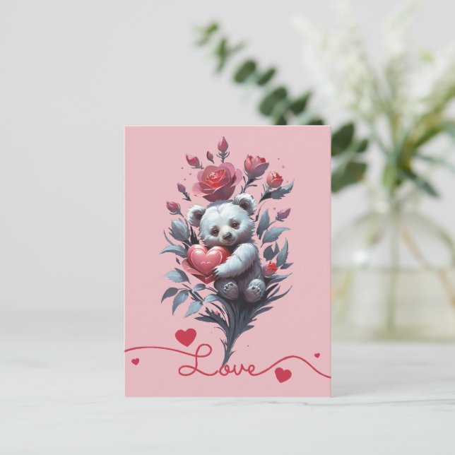 Postal Festiva El día de San Valentín con Oso Teddy rico (Anverso de pie)