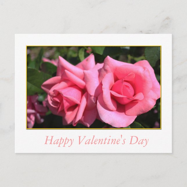 Postal Festiva el día de San Valentín de dos flores rosa rosadas  (Anverso)