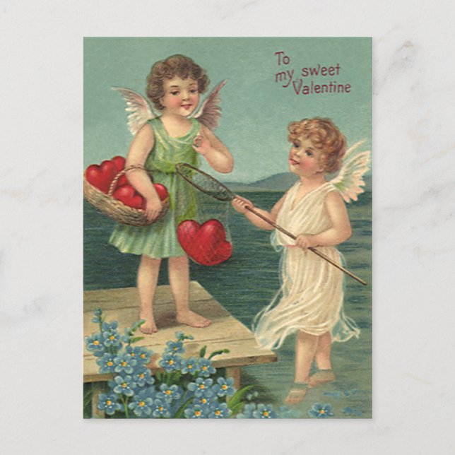Postal Festiva El día de San Valentín de época, ángeles pescando  (Anverso)
