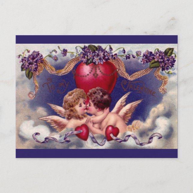 Postal Festiva El día de San Valentín de época, Cherubs abrazándo (Anverso)