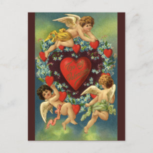 Postal Festiva El día de San Valentín de época, corazones de ánge