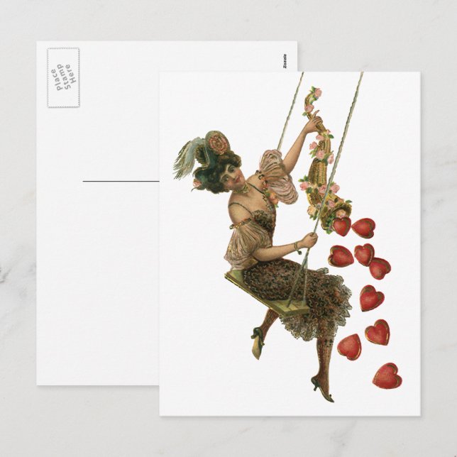 Postal Festiva El día de San Valentín de época, dama victoriana e (Anverso / Reverso)