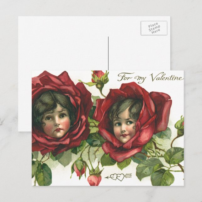 Postal Festiva El día de San Valentín de época, rostros victorian (Anverso / Reverso)