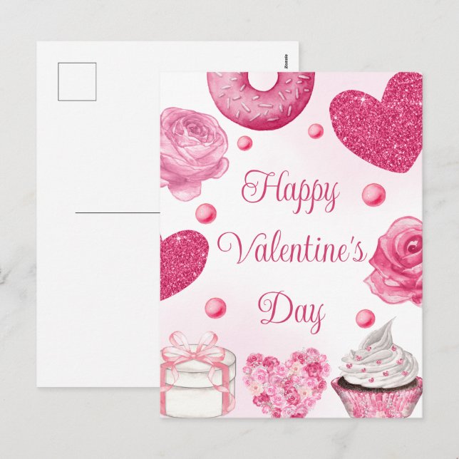 Postal Festiva El día de San Valentín de pasteles y tratamientos  (Anverso / Reverso)