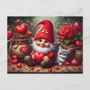 Postal Festiva El día de San Valentín Gnome con un gato