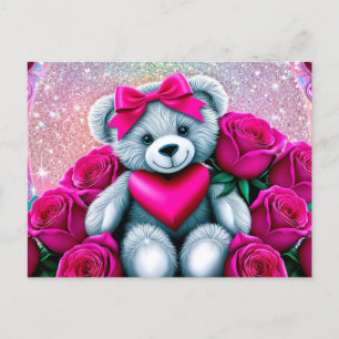 Postal Festiva El día de San Valentín Teddy Bear con Rosas