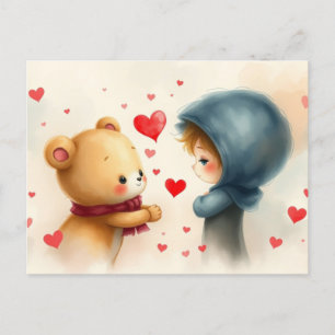Postal Festiva El día de San Valentín Teddy Bear y Niña